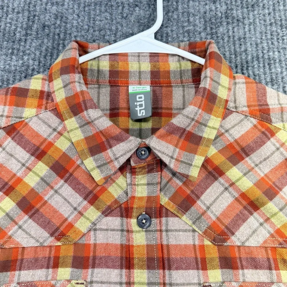 Stio Shirt Mens XL Orange Plaid Flannel Button Up Long Sleeve Outdoor Casual